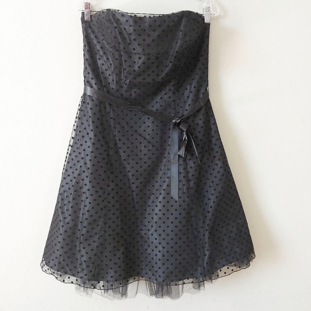 Marina Strapless Cocktail Polka Dot Overlay A-line Dress Size 14 Black Tulle Tie